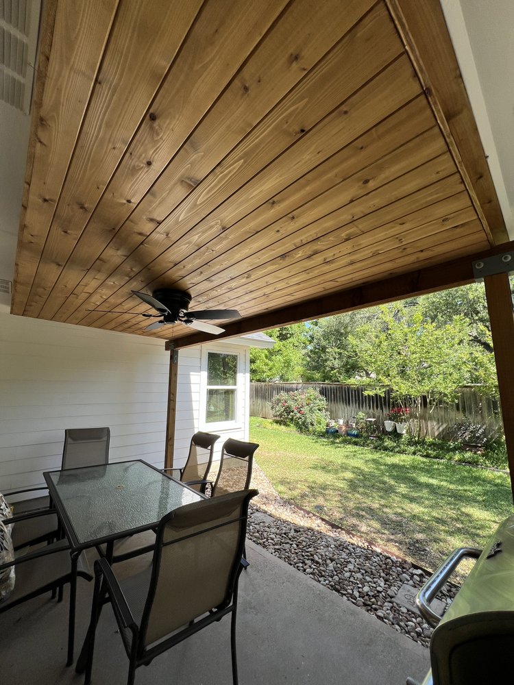 Cedar tongue and groove soffit patio cover.