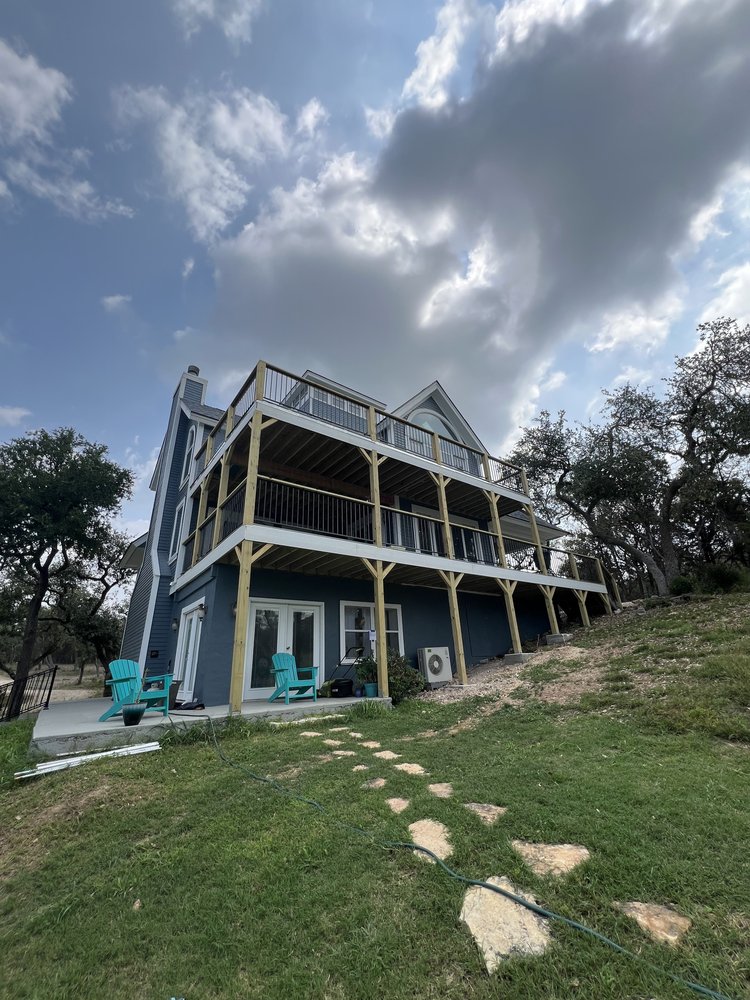 Large three story composite deck in Wimberly, Texas.