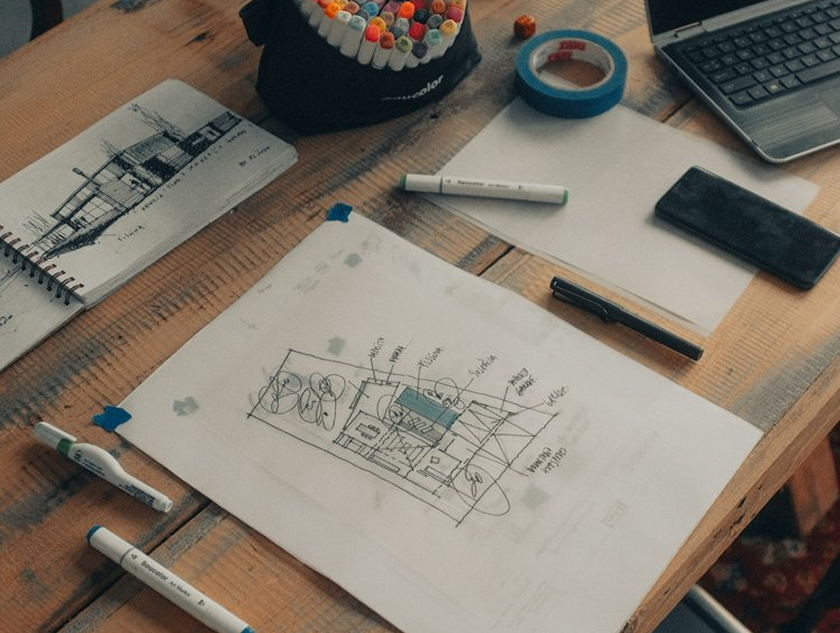 A kitchen design on a drafting table in Round Rock, Texas.