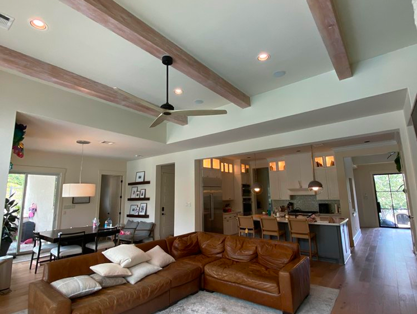 Refinishing work completed to the large beams shown in this Austin, Texas home.