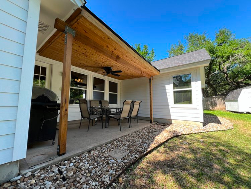 Custom tongue and groove cedar patio cover and siding replacement job completed in Round Rock, Texas.