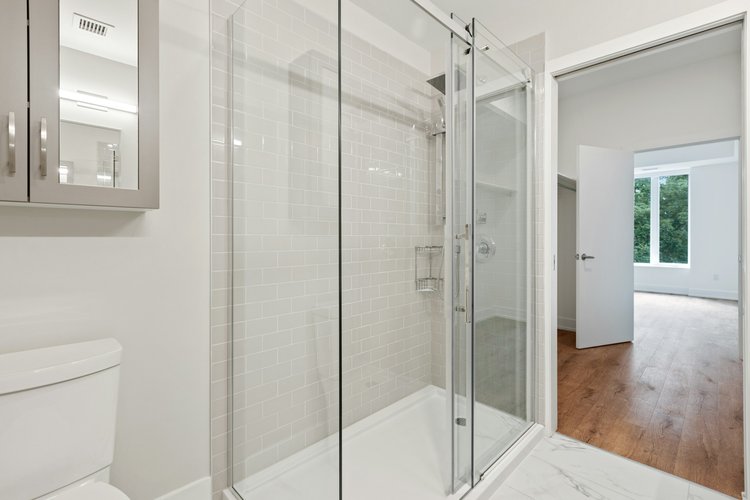 Large walk in shower with frameless glass