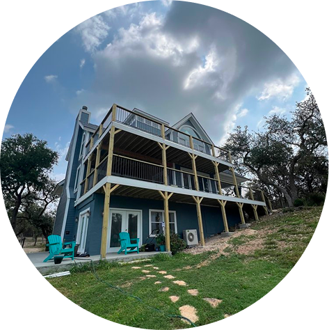 Large two story deck in Wimberley, Texas.